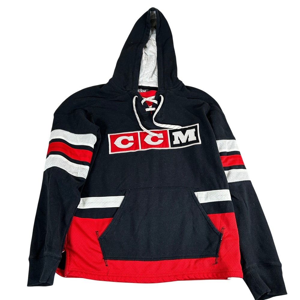 CCM Hockey Jersey Hoodie Mens Small Black Red White Lace Up Mesh Pullover